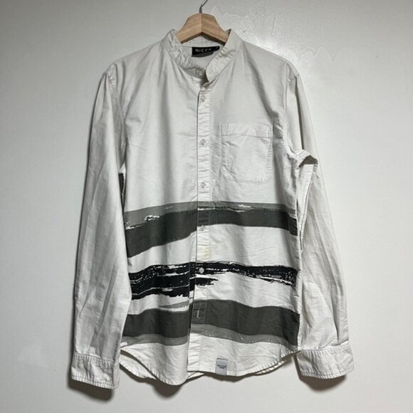 NICCE London White Painter Stripe Button-Up Shirt - Size M - Banded Collar - Picture 1 of 8